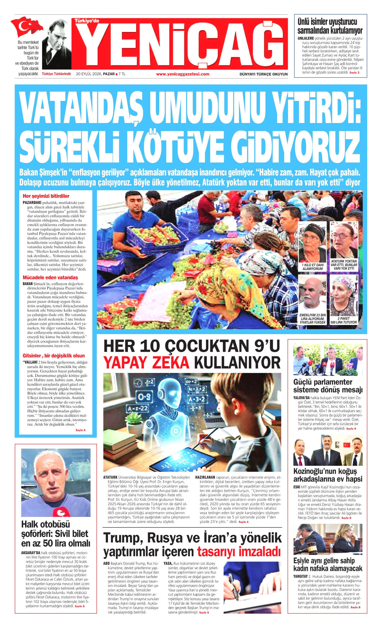 Yeniçağ Gazetesi gazetesi manşeti